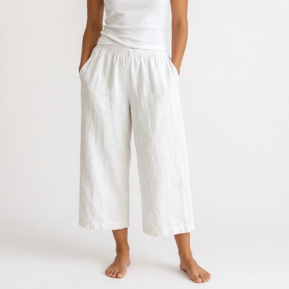 Eskandar White 100% Linen Cropped Wide Leg Elastic Waist Pants Size 1 (8-10)